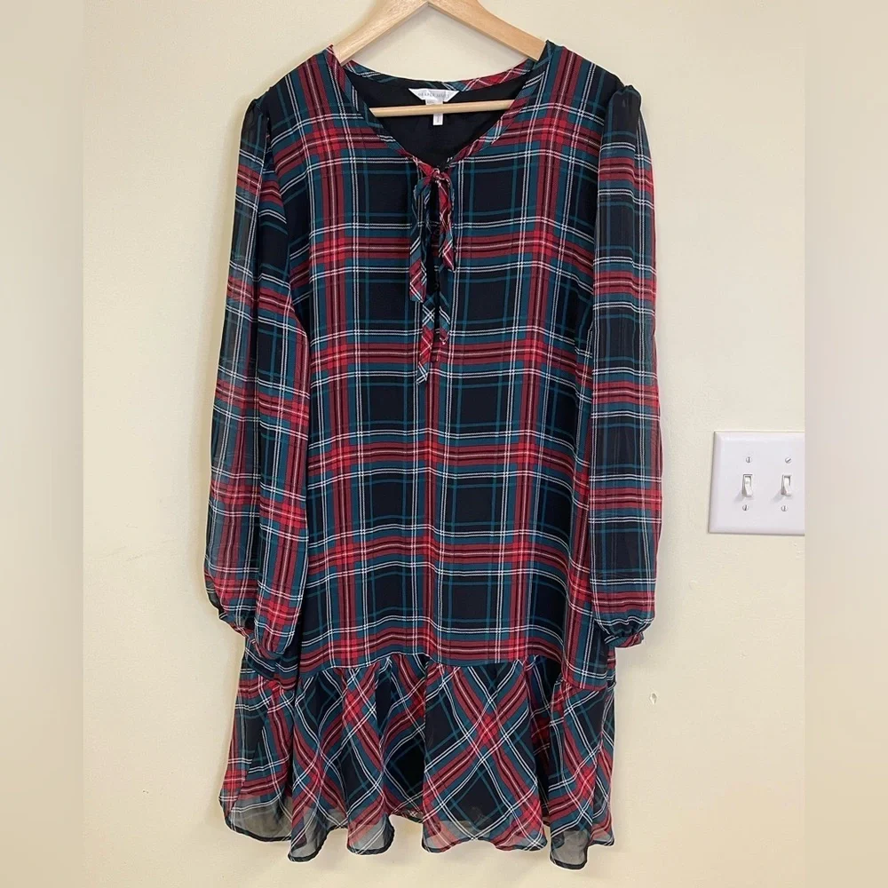 Draper James Plaid Drop Waist Dress XXL Red Blue Tie Neck Long Sleeve Lined